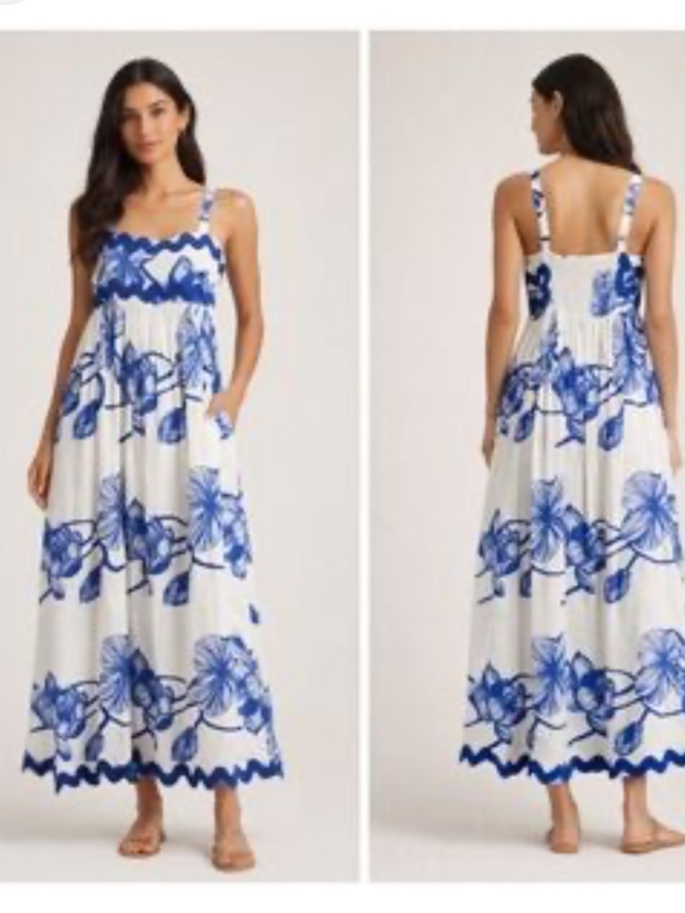 White Closet Maxi Dress Blue White Printed Linen Rayon Blend Pockets Summer Sz M